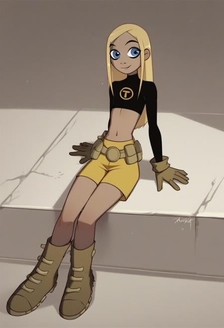 <lora:Terra_TEEN_TITANS_for_PonyXL:1>, terra_markov, 1girl, solo, gloves, navel, midriff, indoors, shorts, smile, crop top, belt, yellow shorts, full body, dark skin, long sleeves, dark-skinned female, shirt, boots, flat chest, pouch, looking left, sitting, score_9, score_8_up, score_7_up, score_6_up, score_5_up, score_4_up