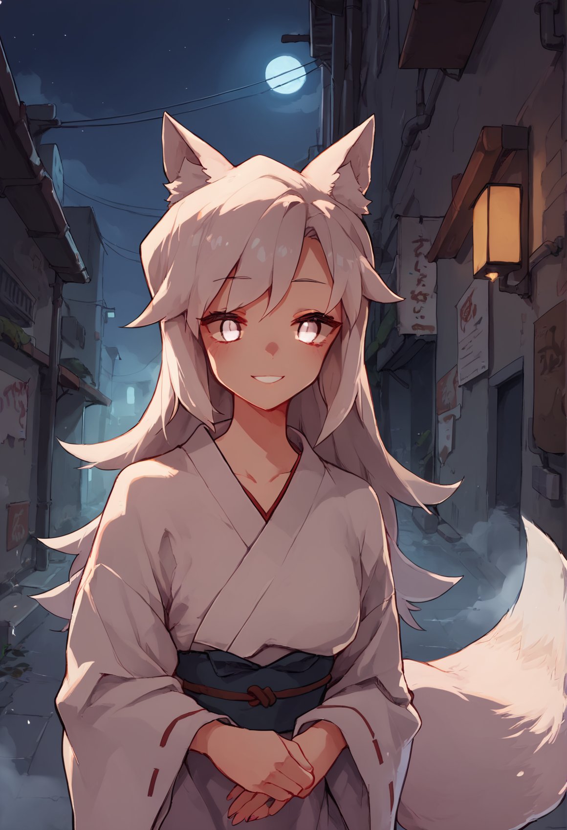 (score_9), score_8_up, score_7_up, zPDXL, 1girl, white hair, long hair, white eyes, blind, smile, white kimono, night, outdoors, dark alley, alleyn urban, dark, mist, fog, fox ears, fox tail, white aura, power aura, aura, rimukoro, <lora:Rimukoro_Style_XL_Pony-11:1>