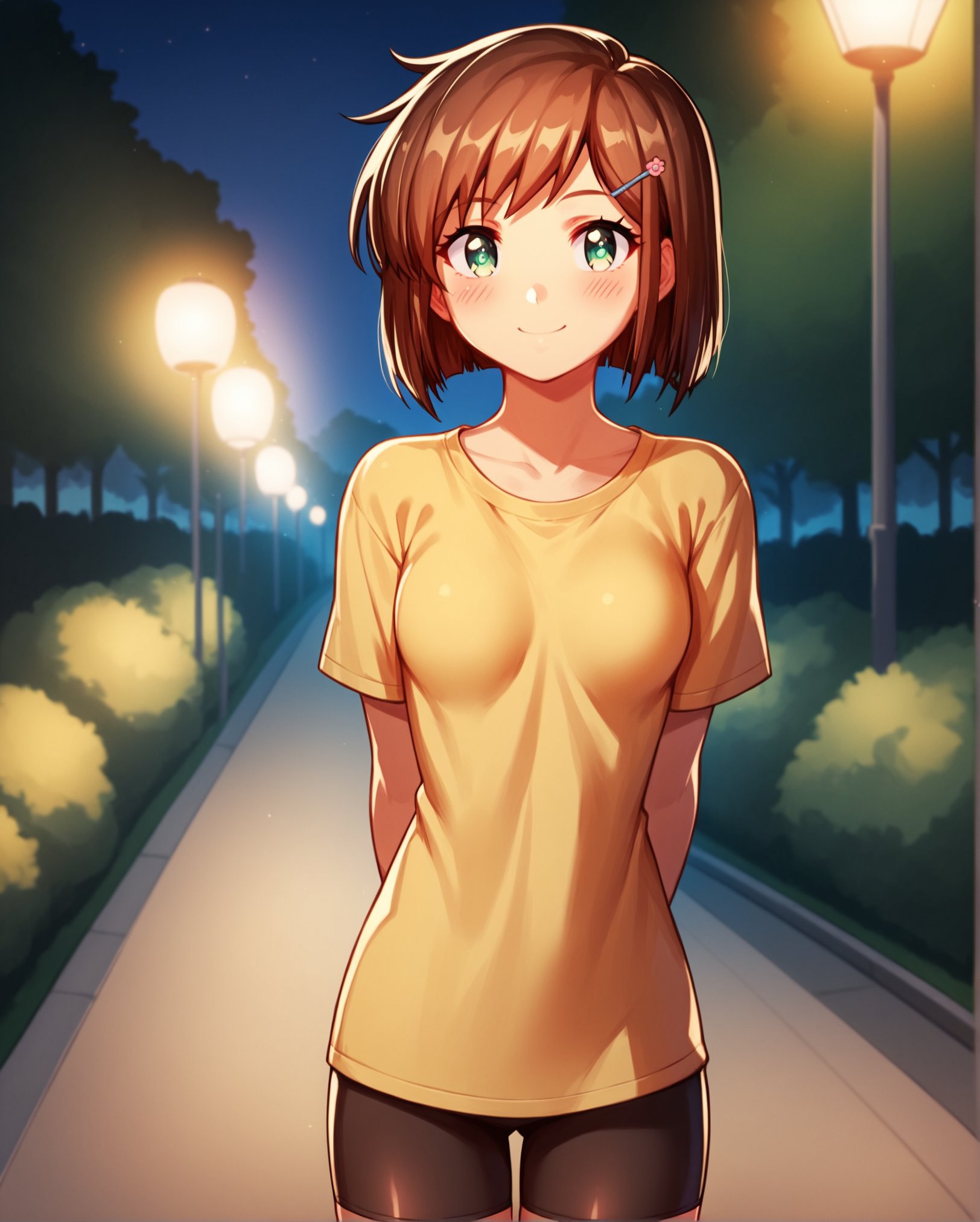 score_9, score_8_up, score_7_up, source_anime BREAK 1girl, Moemi, cowboy shot, hetero, 1girl, solo, female focus, short hair, brown hair, hairclip, green eyes, looking at viewer, blush, smile, standing, small breasts, perky breasts, hands behind back, hidden hands, yellow shirt, bike shorts, outdoors, park, night, <lora:Kanzaki_Moemi_Ryoujoku_Famiresu_Choukyou_Menu_for_Pony:1>, rating_questionable 