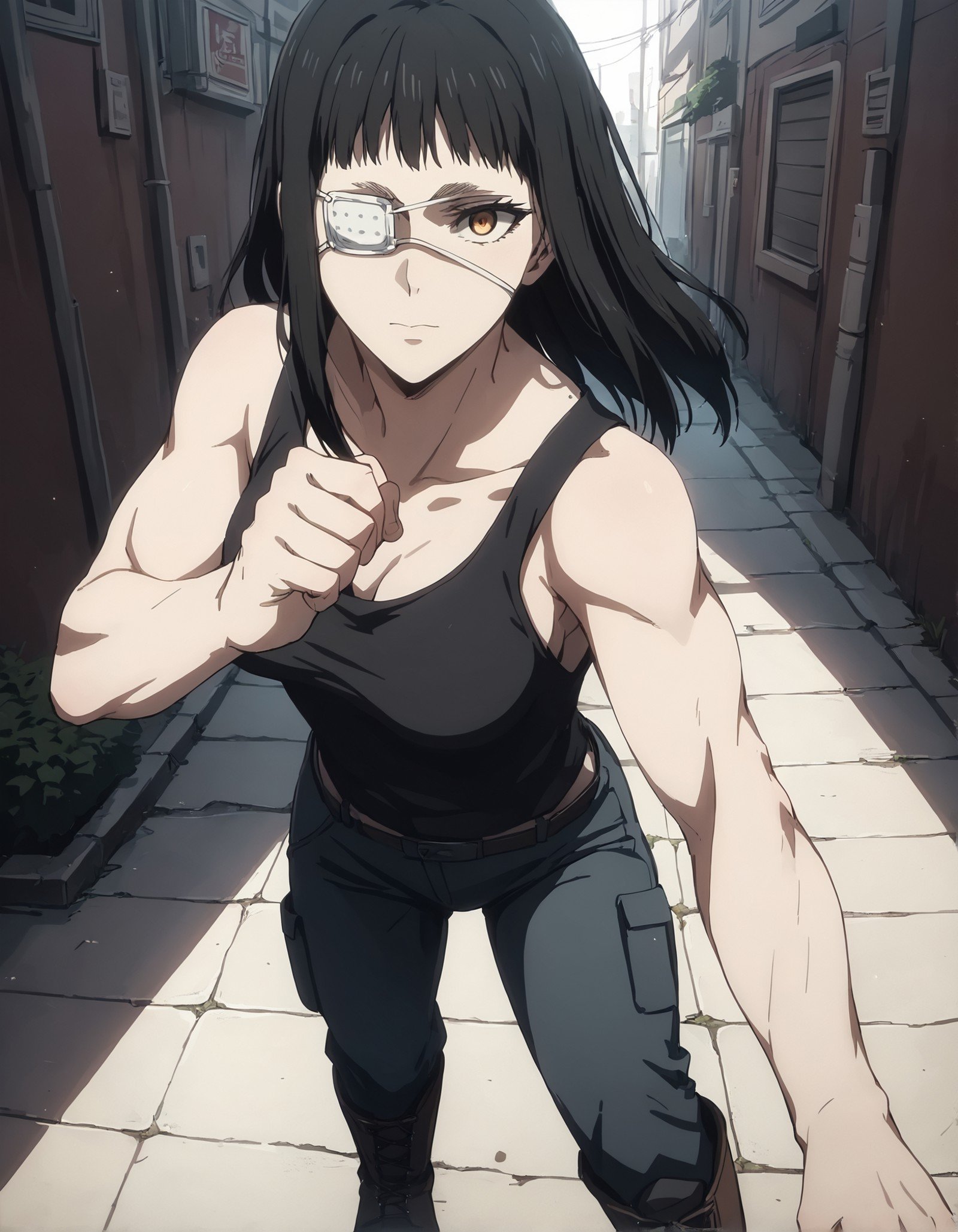 score_9, score_8_up, score_7_up,score_6_up,high resolution,source_anime,s0fiavalm3t,1girl,eyepatch,black hair,long hair,tank top,pants,boots,in street,volumetric lighting,rim lighting,dof,dramatic shadow,close-up,dynamic pose,looking at viewer,pov,jumping