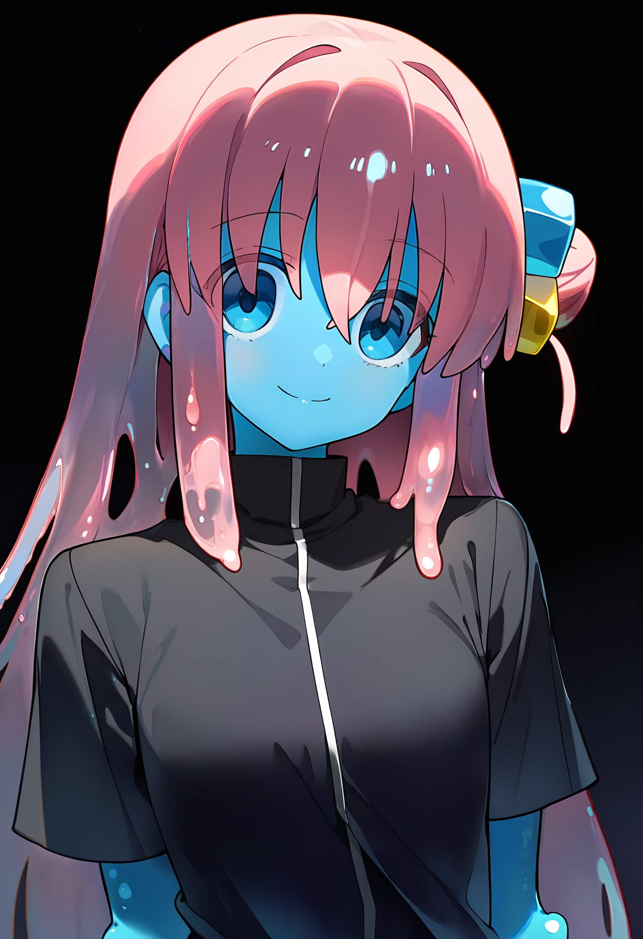 1girl, slime girl, 1 goutou hitori, slime skin, solo, standing, upper body, smile, black background, beautiful color, amazing quality