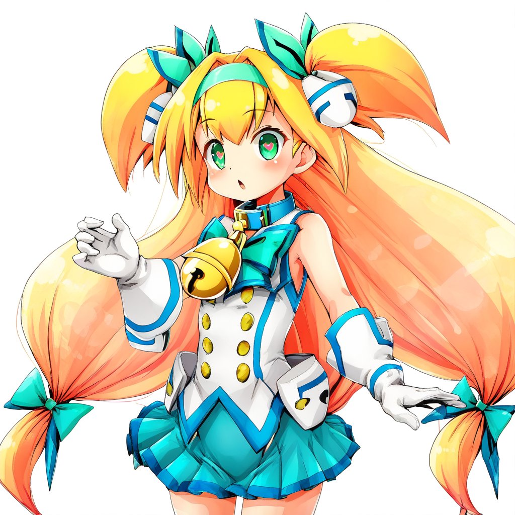 1girl, heart-shaped pupils, green eyes, blonde hair, low-tied long hair, long hair, quad tails, two side up, teal hairband, white gloves, bell, ribbon, teal ribbon, blue collar, white skirt, teal skirt, teal bow, blue trim,