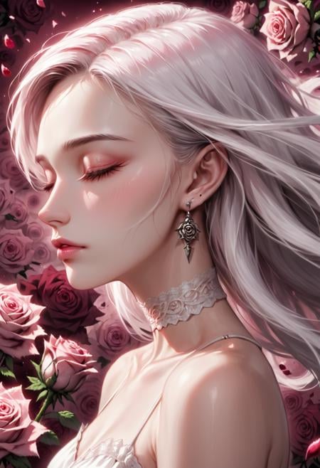 pink rose background, profile, close shot, white choker, closed eyes, flower, white dress, bare shoulders, collarbone, earrings, jewelry, (flower, rose), hair behind ear, facing away, realistic, surreal, dream, rose petals, eye lashes, eyeliner, blush, lip gloss