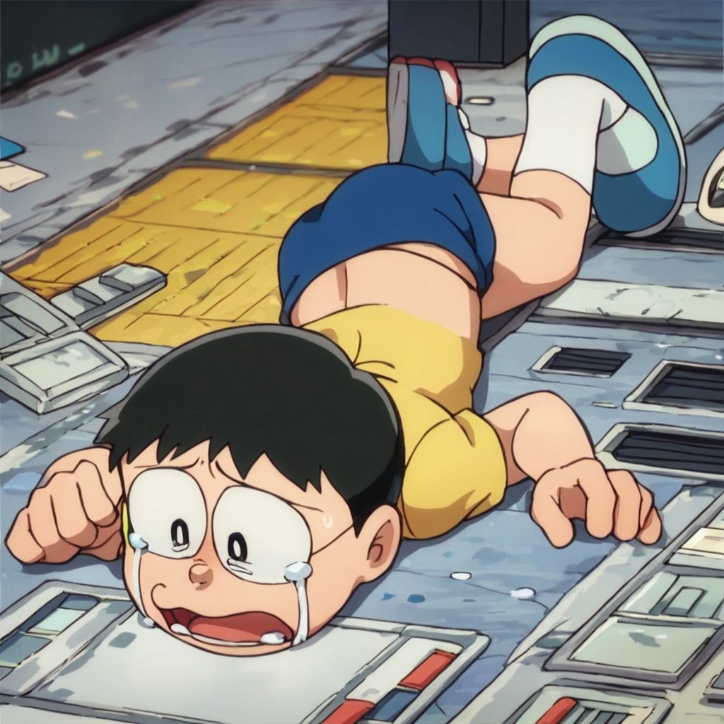 score_9, score_8_up, score_7_up, score_6_up, score_5_up, score_4_up, source_anime, nobi nobita, 1boy, solo, glasses, crying, male focus, glasses, tears, black hair, shirt, shorts, socks, lying, on stomach, sopen mouth, yellow shirt, solo focus, blue footwear, crying with eyes open, official style, white socks, short hair, short sleeves, masterpiece, best quality,<lora:minamoto shizuka and nobita pony:0.8>