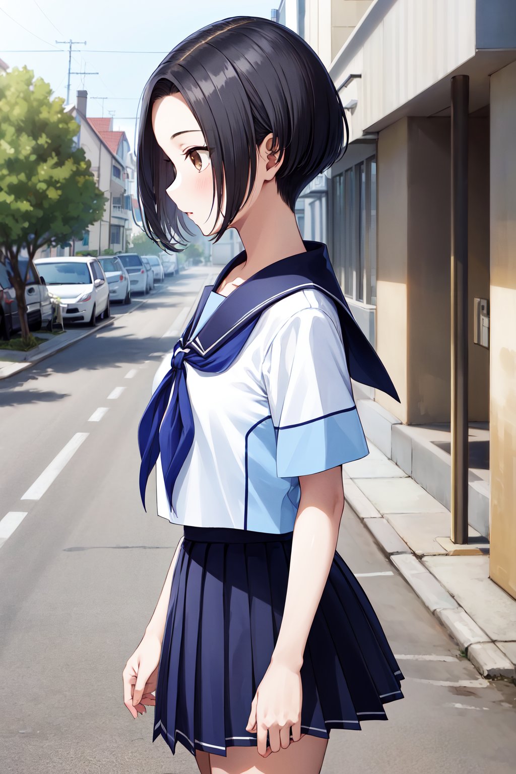 masterpiece, best quality, highres, aarinko, short hair, black hair, bob cut, serafuku, sailor collar, blue neckerchief, white shirt, short sleeves, pleated skirt, blue skirt, <lora:kobayakawa_rinko_v1:0.7>, from side, walking, cowboy shot, road, street,