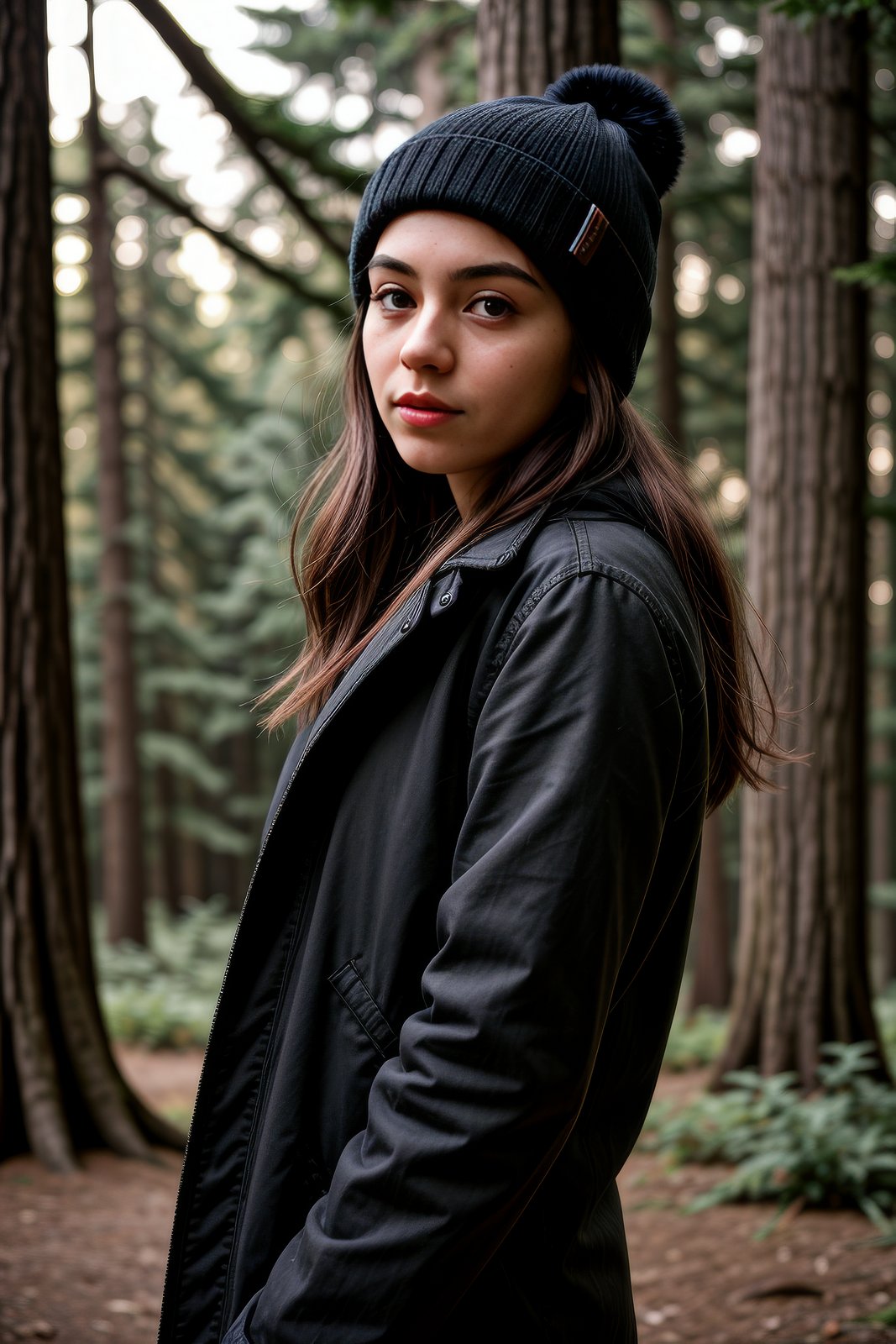 photograph of a woman, (sympathetic facial expression), textured skin, goosebumps, jet black half-up half-down hair, faux fur-lined parka with skinny jeans and beanie, group profile, towering ancient redwood trees creating a sense of wonder and awe, perfect eyes, ((hard lighting:1.4)), Velvia 100 color, shot on Cinestill 800T, bokeh, sharp focus on subject, shot by Manuela Marques<lora:CyberDetails_V1:0.4>