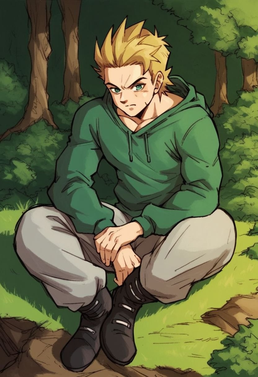 score_9, score_8_up, score_7_up, score_6_up, score_5_up, score_4_up,source_anime,Siesta,Color, in forest, green long sleeve sweatshirt, grey pants, black boots, blonde hair