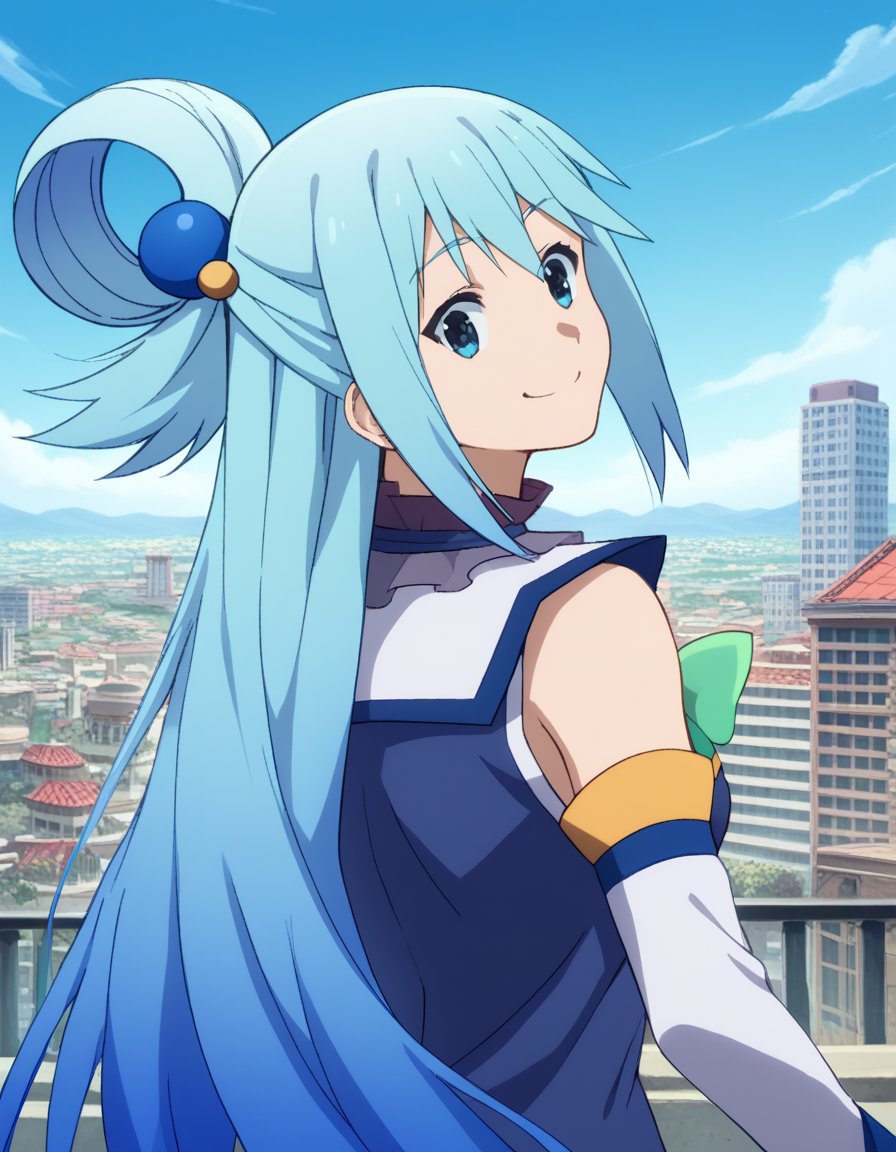 score_9, score_8_up, score_7_up, source_anime, konosubaaqua, <lora:konosuba-aqua-s2-ponyxl-lora-nochekaiser:1>, aqua (konosuba), long hair, blue eyes, hair ornament, very long hair, blue hair, hair rings, single hair ring, hair bobbles,, <lora:shaft-look-ponyxl-lora-nochekaiser:1>, shaft look, looking back, from behind, head tilt,, cityscape, street, smile,, cowboy shot, dutch angle, solo,