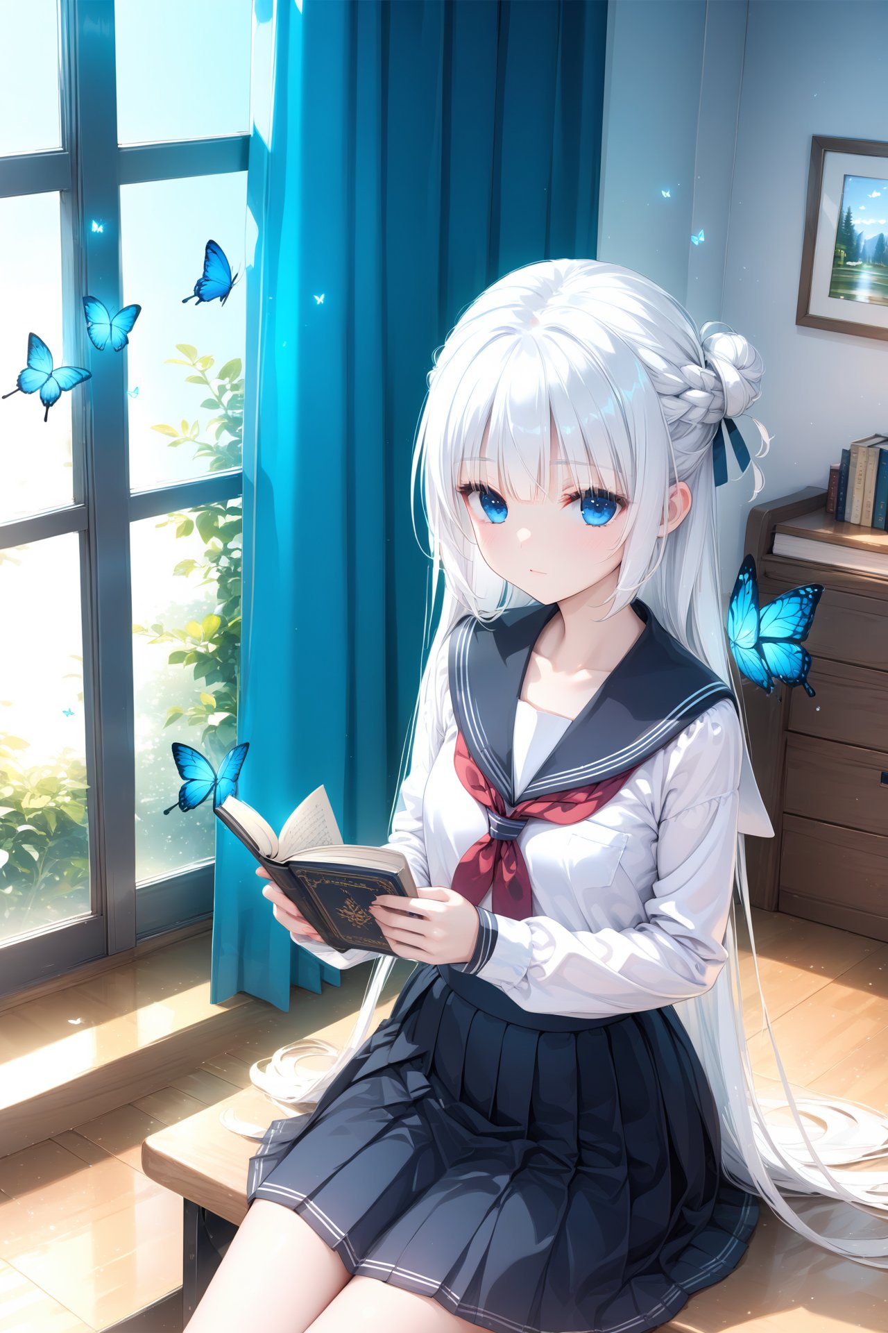 (masterpiece),(best quality),illustration,ultra detailed,hdr,Depth of field,(colorful),1girl,bug,butterfly,solo,blue butterfly,blue eyes,school uniform,skirt,long hair,window,book,sitting,sailor collar,indoors,black skirt,serafuku,neckerchief,long sleeves,red neckerchief,white shirt,shirt,white hair,looking at viewer,black sailor collar,curtains,braid,closed mouth,holding,pleated skirt,hair bun,collarbone,very long hair,wooden floor,desk,holding book,