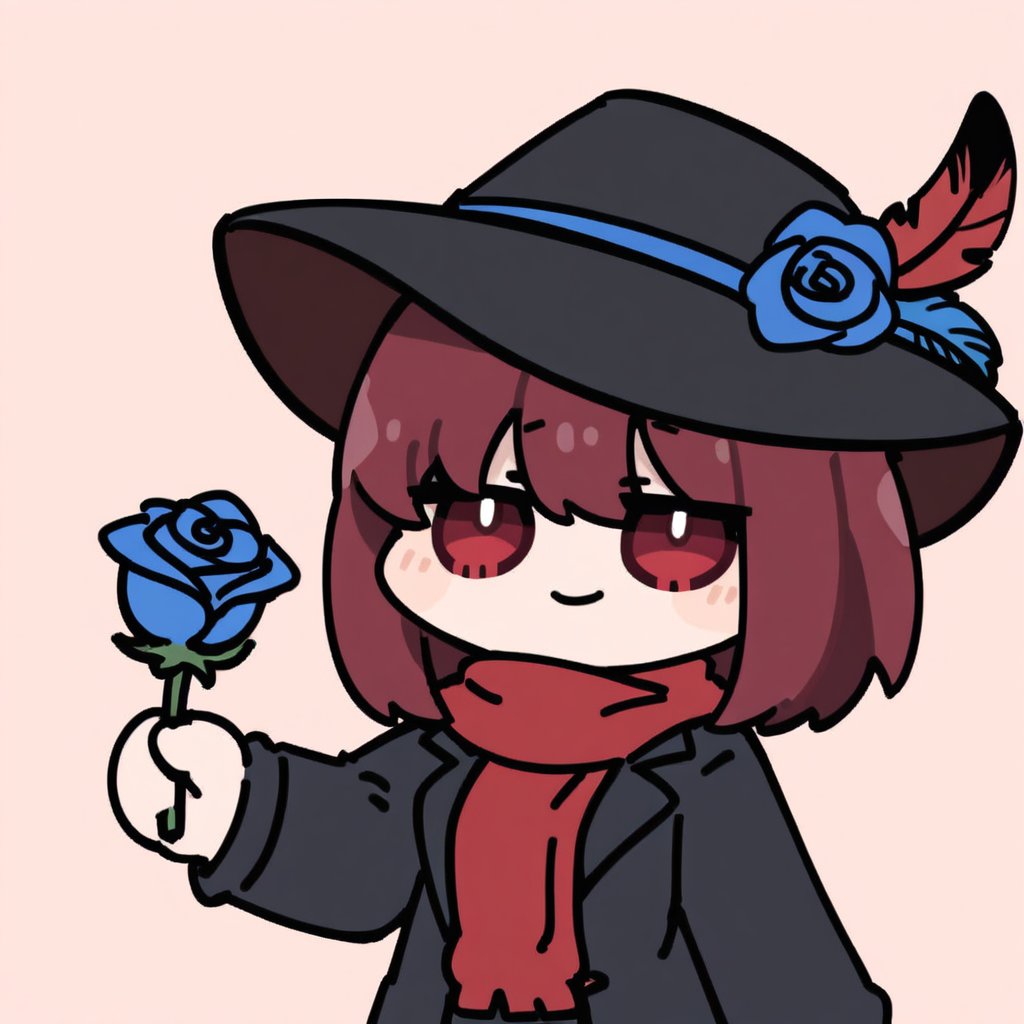 1girl,solo,red eyes, red hair,black cowboy hat,hat feather,red scarf,black jacket,chibi, meme,Give you a blue rose,toward the lens,roses,with blue rose,holding,upper body,smile,big rose,blue rose near view,Focus on the blue rose,,<lora:lora:0.8>,<lora:JXXLV1:0.8>,