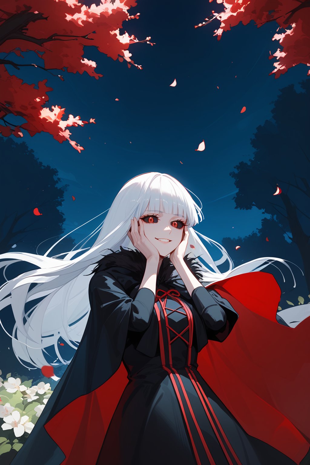 score_9, score_8_up, score_7_up, 1girl, creepy smile, white hair, long hair, blunt bangs, red eyes, black sclera, outdoors, garden, black fur cloak, flowing cloak, wind, trees, branches, floating petals, night, hands on face, yandere trance