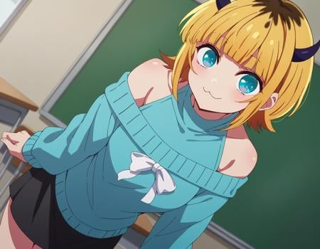 score_9, score_8_up, score_7_up, source_anime,memcho, <lora:memcho-s1-ponyxl-lora-nochekaiser:1>memcho, blonde hair, blue eyes, blunt bangs, demon horns, fake horns, horns, short hair,bare shoulders, black skirt, blue sweater, long sleeves, off shoulder, off-shoulder sweater, puffy sleeves, skirt, sweater, white ribbon,indoors, classroom, bent over, smile,looking at viewer, dutch angle, cowboy shot