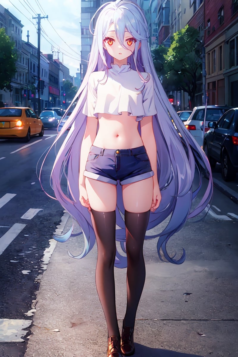 masterpiece, best quality, ultra-detailed, glistening shiny, glowing light, ray tracing, HDR, deph of field, (perfect face, detailed face), <lora:NgnlShiro:0.7>, 1girl, solo, ngnlshiro, very long hair, flat chest, crop top, navel, short shorts, thighhighs, standing, street