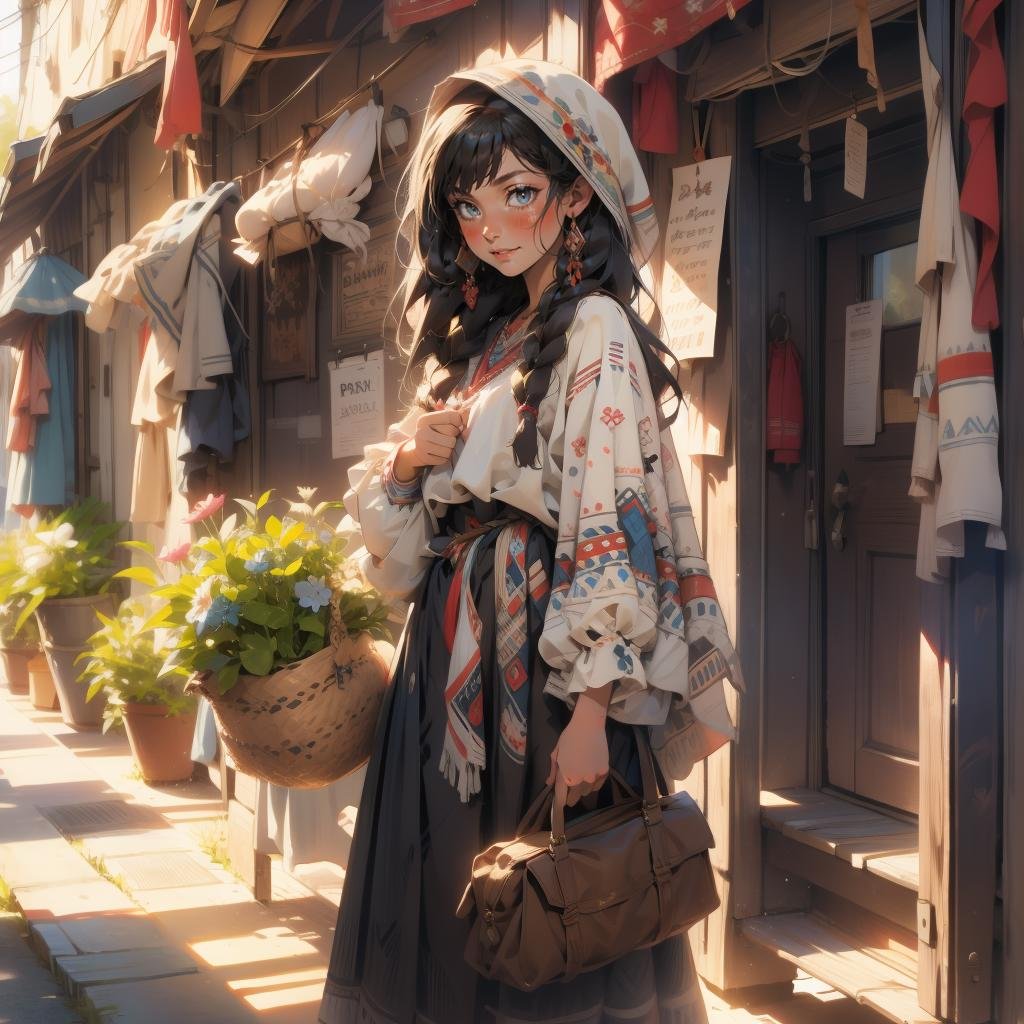 1 girl,((beautiful)),big smile,long hair,braids,hood,long dress,shawl cloak,pattern,a handbag,standing,out door,