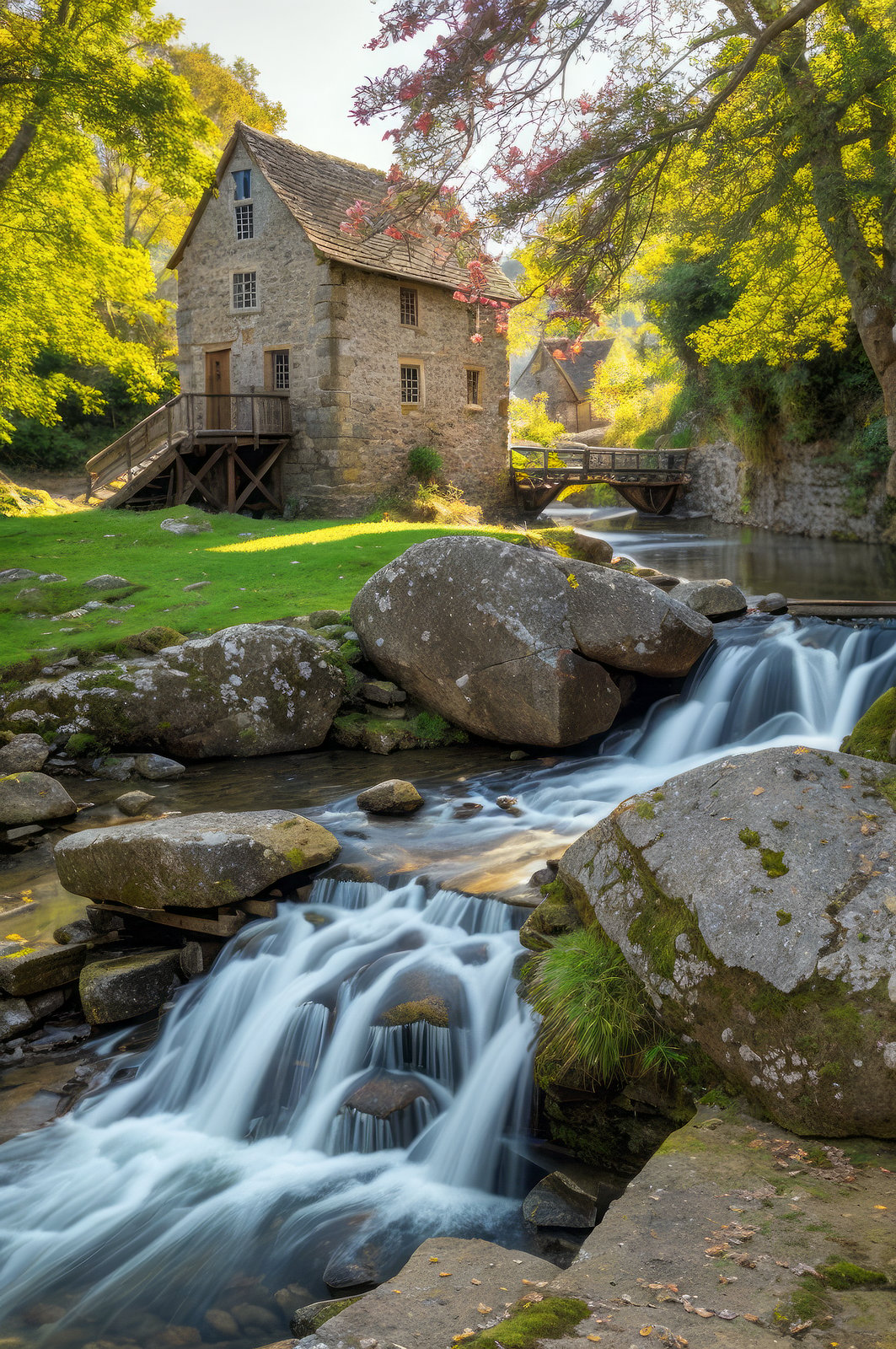 a charming medieval mill beside a bubbling brook, natural light, perfect composition <lora:detail_slider_v4:3>