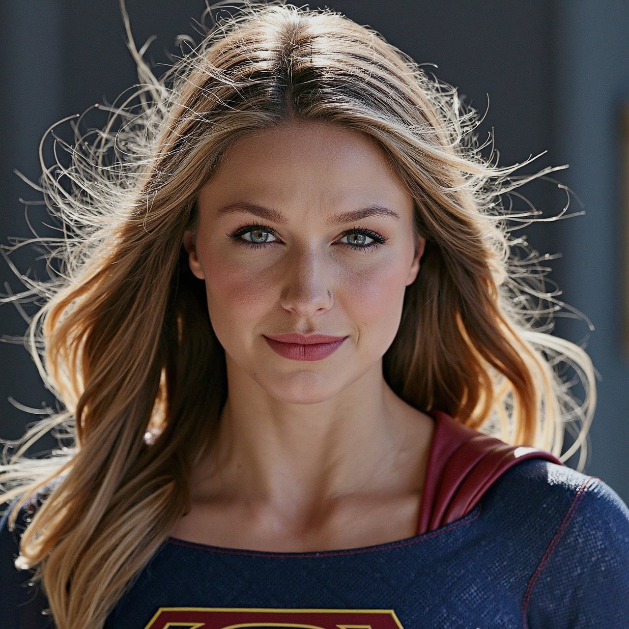 Breathtaking over the shoulder shot photography of ohwx looking at viewer,  as Supergirl,  wearing Supergirl bue and red o...