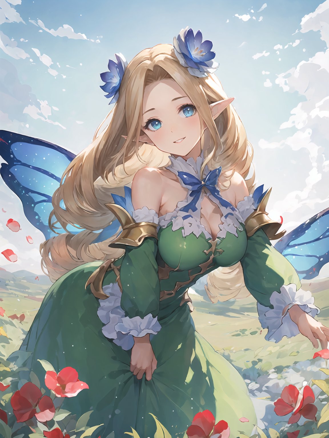 masterpiece,best quality,highres,cinematic lighting,dramatic angle,1girl,blonde hair,drill hair, green dress,parted bangs,cleavage,looking at viewer,pointy ears,blue eyes,bare shoulders,wings,frills,parted lips,petal,grass,smile,<lora:ShadowverseBrilliantFairyV1-000021:0.8:lbw=jiangshi3>,detached collar,hair flower,depth of field,detached sleeves,straight-on,head tilt,close-up,suqatting,adjusting hair,bent over