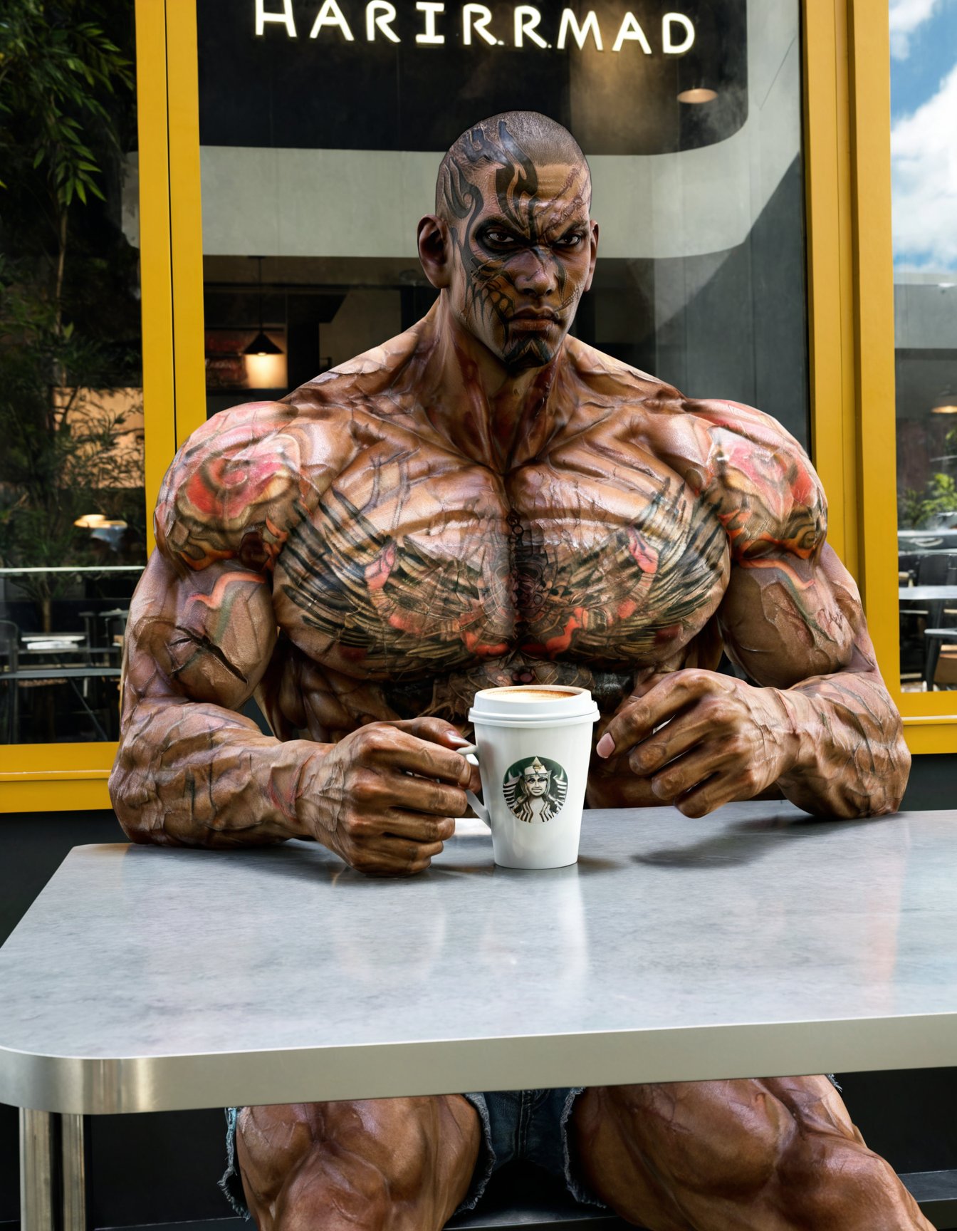 anatomically correct, solo, fahkumramsd, scar, tattoo, very dark skin, dark-skinned male, muscular, zPDXLxxx, sitting in cafe, sip coffee, topless male, shorts<lora:Fahkumram-T5kagALM:1>