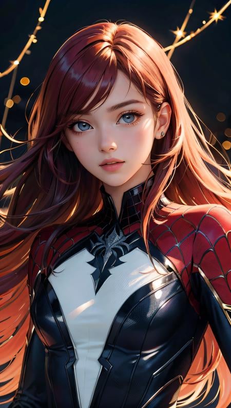 (best quality, masterpiece, colorful, dynamic angle, highest detailed) upper body photo, fashion photography of cute, intense long red hair, \Mary Jane\ in spiderman suit, (ultrahigh resolution textures), in dynamic pose, bokeh, glowing web, (intricate details, hyperdetailed:1.15), detailed, moonlight passing through hair, perfect night, fantasy background, (official art, extreme detailed, highest detailed), HDR+