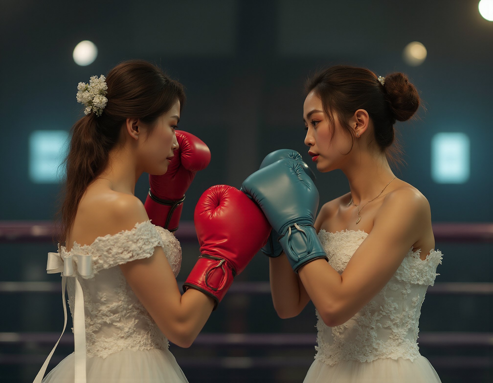 Two incredibly beautiful and sensual 18-year-old Chinese girls,dressed in elegant,off-shoulder wedding dresses that accentuate their curves,are in the heat of a boxing match on a boxing ring. They wear boxing gloves,and both are captured mid-action,throwing powerful punches towards each other. Their expressions are fierce and focused,the delicate lace and flowing fabric of their wedding dresses contrasting sharply with the intensity of the fight. The scene is dramatically lit,with spotlights highlighting the dynamic movement and the striking blend of bridal elegance with the raw power of a boxing match.,8k,(cleavage:1.1),cure beauty,(Charming Face:1.4),dynamic_angle,from behind,white lace veil,red knuckles,blue knuckles,