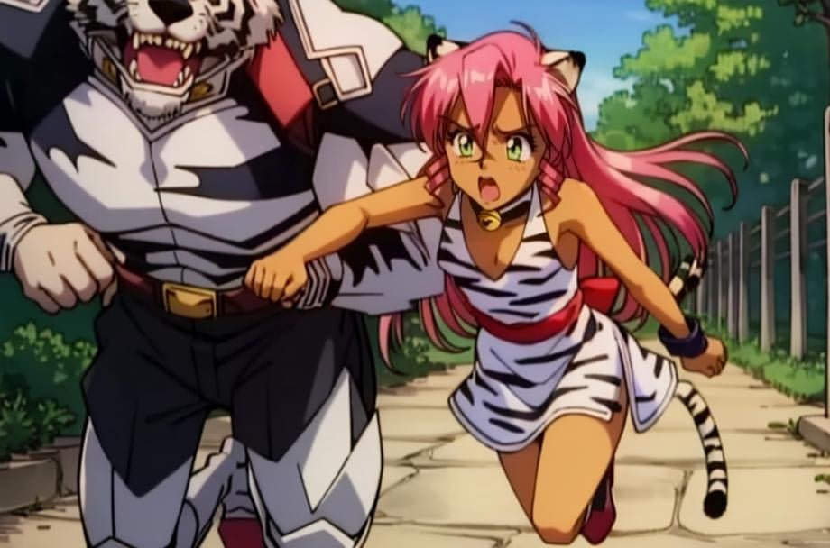 1girl, 1boy, 90's anime style, PinkCzar, ((white tiger ears), (white tiger tail), long hair, pink hair, sidelocks, green eyes, small breasts, choker, bell), (tiger print, slit dress, red sash), (Werewolf, Monster, Incoming attack, attack, horror, scared, mouth open, running, running away), (masterpiece:1.2), hires, (detailed face:1.2), (detailed eyes:1.2), ultra-high resolution, 8K, high quality, (sharp focus:1.2), clean, crisp, cinematic, <lora:Pink-18:0.8>, <lora:werewolf_v0.2:1> 