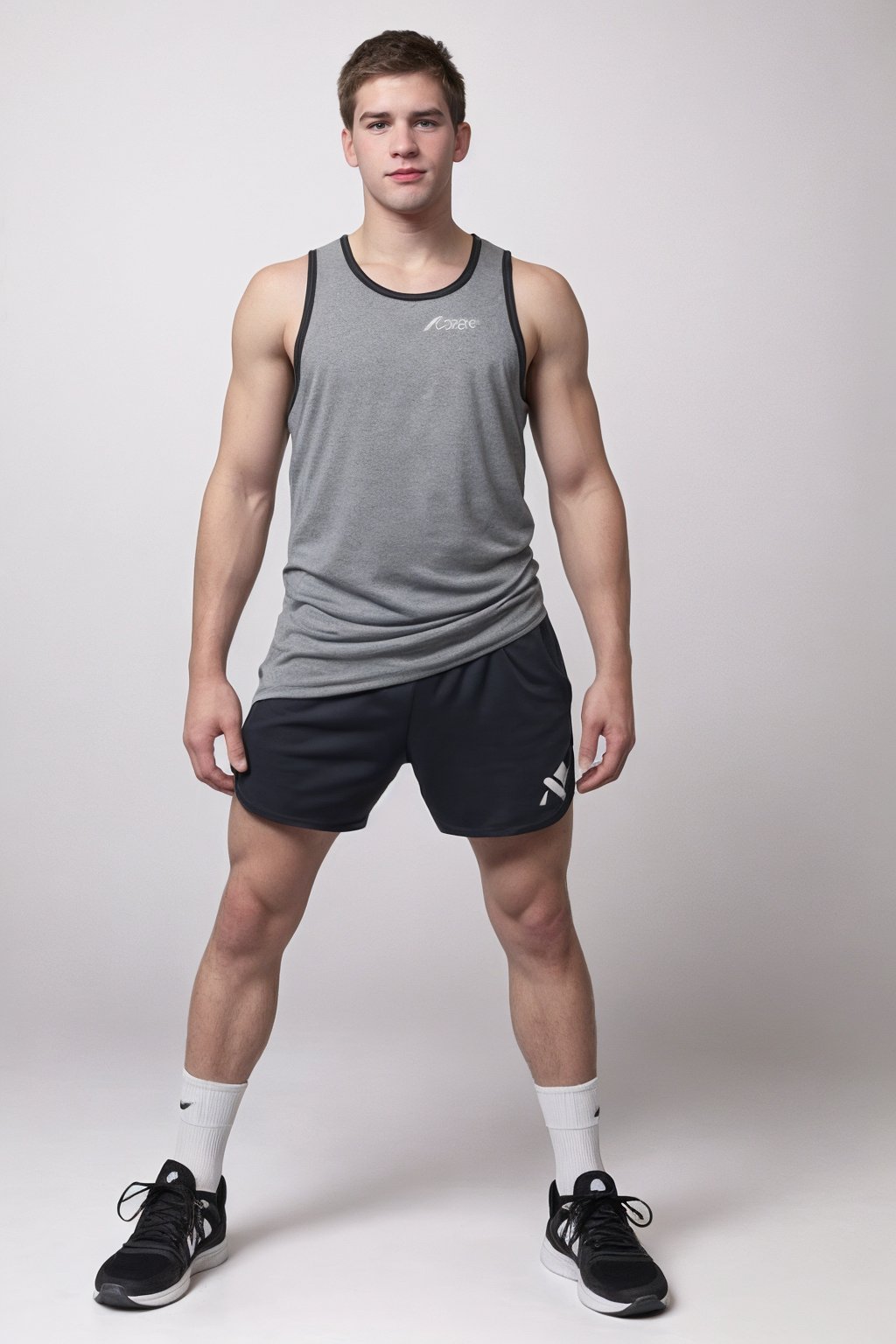 male jamieperson wearing grey tank top shirt and athletic shorts and socks and sneakers,  wide stance,  white background b...