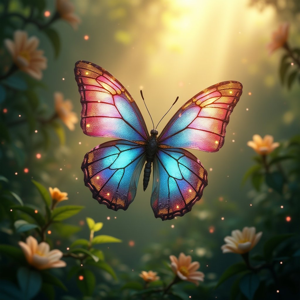 A photorealistic, vibrant butterfly with kaleidoscopic wings, featuring intricate geometric patterns in vivid hues of blue, pink, and gold, softly glowing amidst delicate, feathery details, floats gracefully in mid-air, surrounded by shimmering light beams and lush, verdant foliage in a whimsical, dreamy garden, with soft focus and warm, golden lighting.