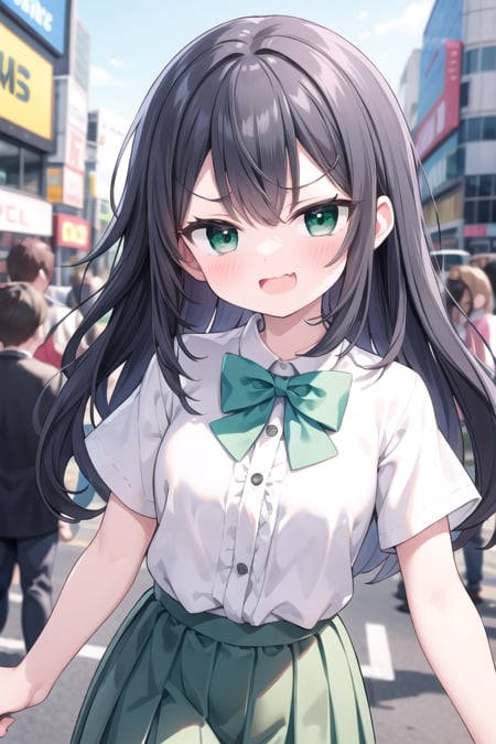 <lora:smugface_v100:1>insanely detailed, absurdres, ultra-highres, ultra-detailed, best quality,1girl, solo, nice hands, perfect handsBREAKsummer school uniform, (plain dark green skirt with many pleats:1.4), (striped green bowtie:1.3), short sleeves, white shirt, shirt with white button, shirt_tucked_inBREAK(breast pocket, vest, blazor, long sleeves, checked skirt, striped skirt, striped shirt, striped sleeves, bra visible through clothes, skirt with frill:-1)BREAK(nsfw:-1.5)BREAKsmug, open mouthBREAKfrom below,standing, cowboy shot, looking at viewerBREAKslender, kawaii, perfect symmetrical face, ultra cute girl, ultra cute face, ultra detailed eyes, ultra detailed hair, ultra cute, ultra beautifulBREAKshibuya, akihabara, tokyo, street, crowd, cityscape, depth of field, ultra detailed backgroundBREAKlarge breastsBREAKblack hair, black eyes, curly hair,