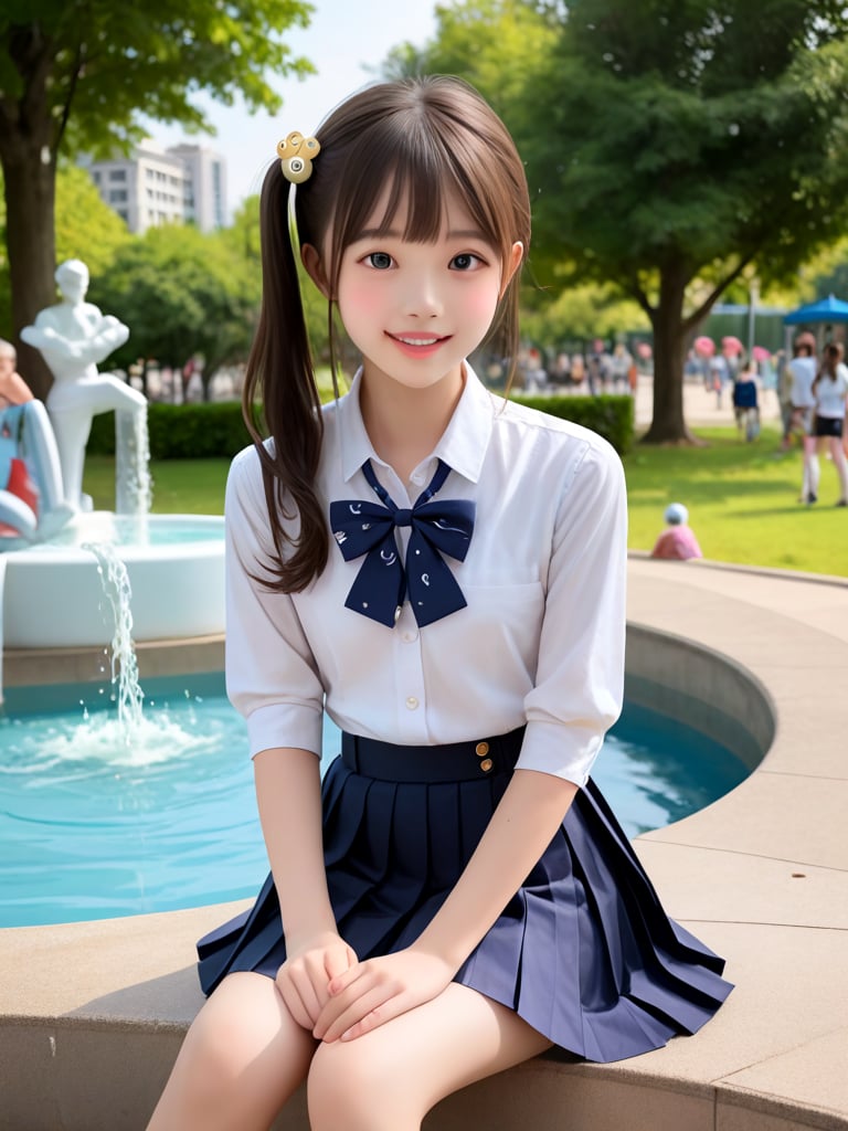 ((score_9, realistic)), ((face focus)), ((fair skin)), ((skinny)), ((sitting on fountain)), 1girl, one side up, hair ornament, idol, jpop, kpop, belle, pretty, petite, collared skirt, pleated skirt, parted lips, light smile, park, playground, <lora:ADetailerNetidolFace_pony:0.5>,