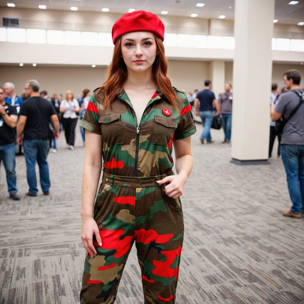 <lora:6544165416354654354:0.8>  photo of a young woman at a convention, wearing a cosplay costume, camo jumpsuit, red beret