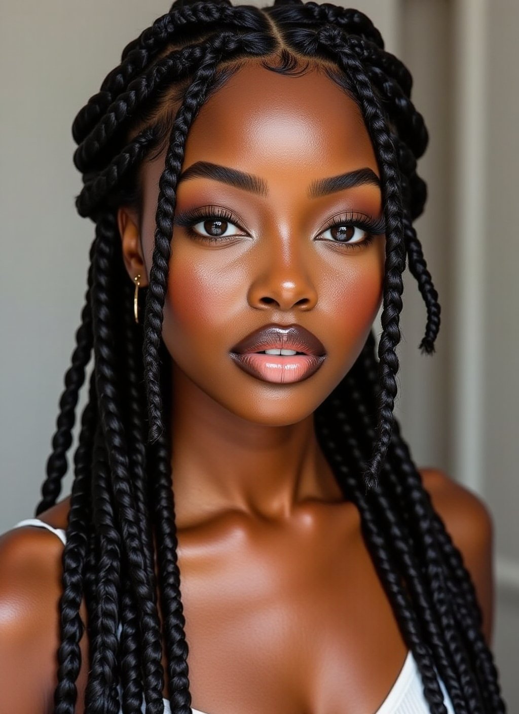 This is a high-resolution photograph of a young woman with a dark brown complexion. She has a smooth, flawless complexion with a natural, radiant glow. Her eyes are almond-shaped and striking, accentuated by well-defined eyebrows and subtle eyeliner. She has full, glossy lips with a natural pinkish hue. Her hair is styled in intricate, neat braids that cascade down her face and shoulders, with some braids framing her face and others hanging down. <lora:Ebony_Beauties-000001:1>