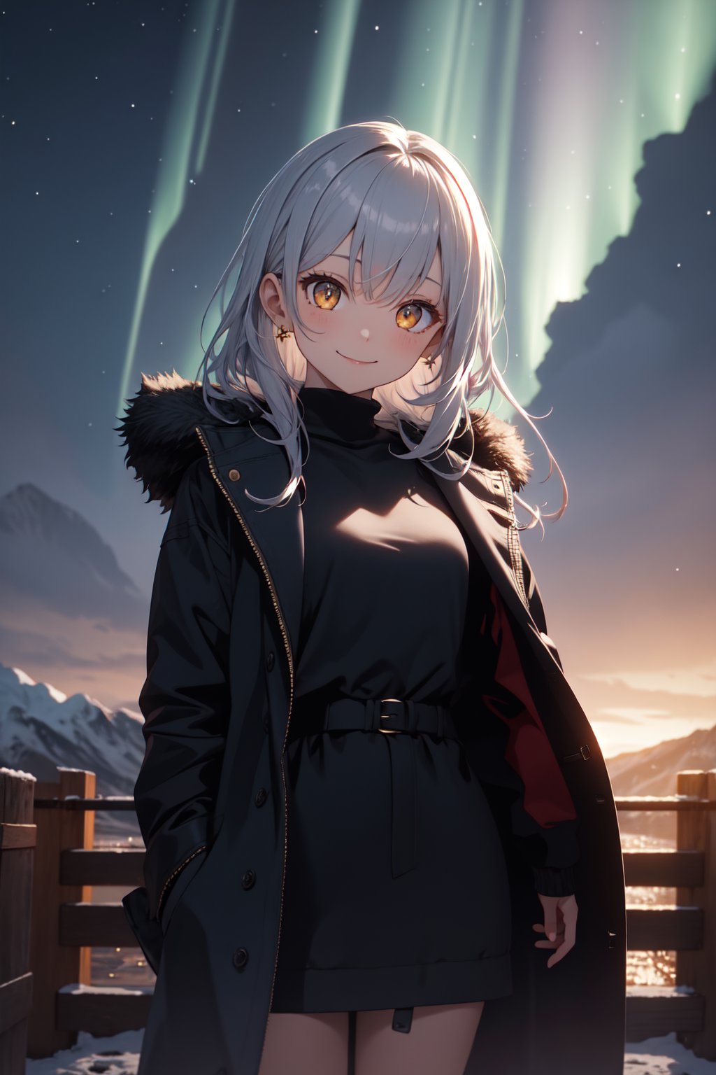 Golden eyes, silver long hair, cool expressions, winter coat, black shirt, stocking , starry sky, Everest in background, on bridge, Aurora, comet, potrait, cinematic light, 8k, illustration, 1girl,solo,looking at viewer,(glowing eyes:1.5,aura),(closed mouth,smile:1.2),standing,(cowboy shot),outside, landscape, weird atmosphere, (best quality:1.1), (masterpiece:1.2), high quality shadow, beautiful detailed, (high detailed skin, skin details),(wide_landscape,8k), beautiful face, detailed eyes, depth of field, dramatic light,best quality, highres, best shadow, best illumination,(backlighting), beautiful girl,