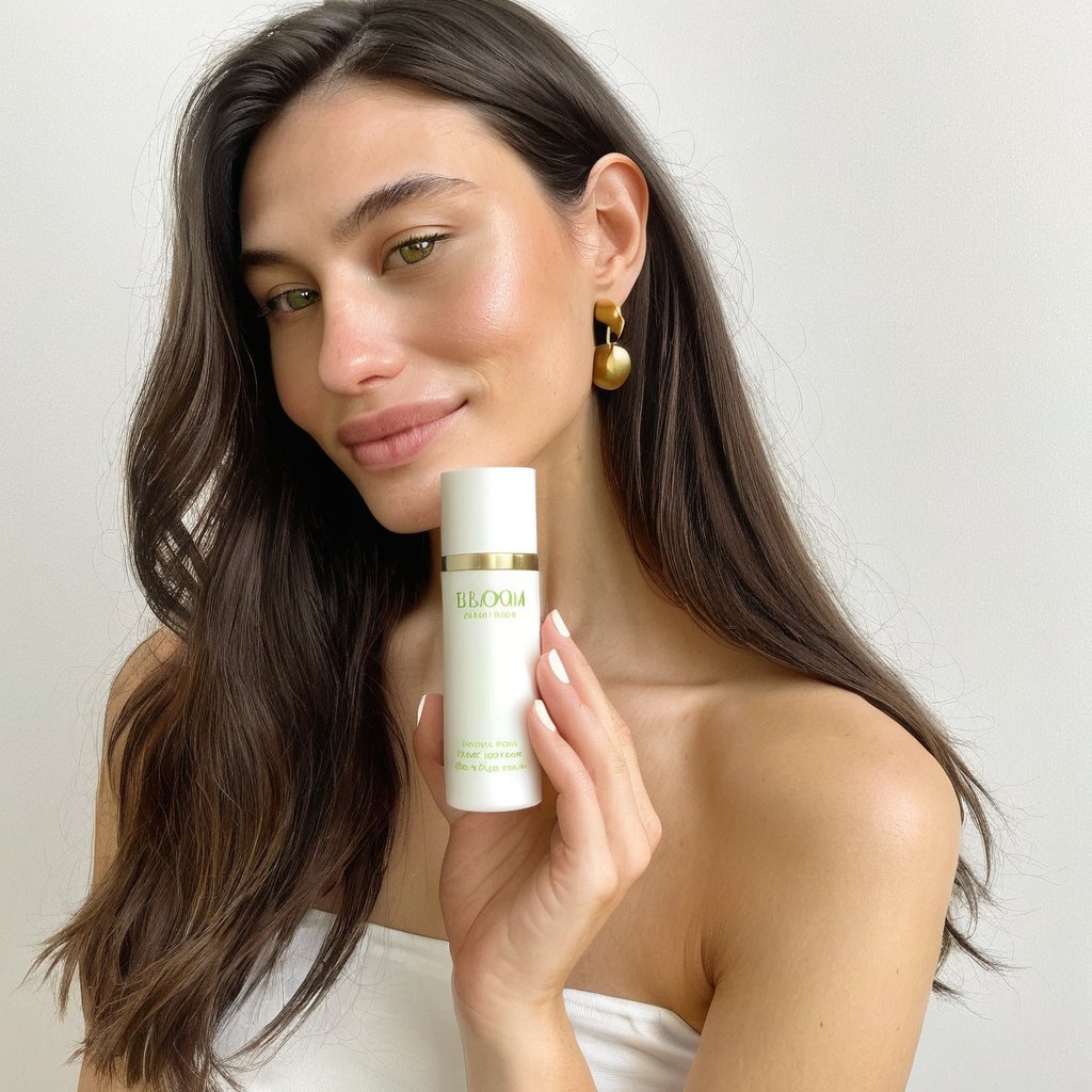 carmen  holding a slim abloom organic skin care product bottle. a green text written abloom, the bottle is white with golden bands, sleek, <lora:carm_lora-000002:1>