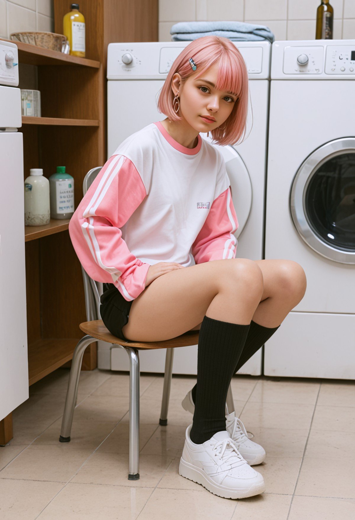 score_9, score_8_up, score_7_up, score_6_up, BREAK , source_real, raw, photo, realistic BREAK 1girl, solo, shoes, black socks, washing machine, socks, indoors, hair ornament, shirt, hairclip, shelf, pink hair, long sleeves, sitting, tiles, layered sleeves, chair, short sleeves, jewelry, short hair, looking at viewer, white footwear, bottle, sneakers, standing on one leg, short over long sleeves, standing, holding, tile floor, shorts, earrings, hand fan, full body