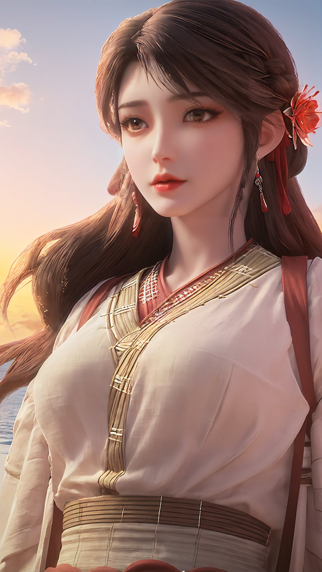 hle,1girl,solo,<lora:火灵儿-上界装扮-王导:0.8>,chinese_clothes,sunset,over the sea,sand,cloud,sky,pink roses,looking_at_viewer,upper_body,jewelry,headpiece,necklace,earrings,