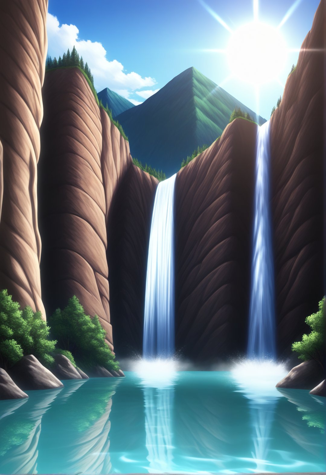 score_7_up, BREAK source_anime, no humans, red theme, beautiful waterfall, the water boils and forms cascades, falling from the height of the cliff. The water glitters under the rays of the sun, creating iridescent shades. Dense forests are green around the waterfall, and mountains can be seen in the distance. The landscape is filled with the tranquility and beauty of nature, which creates a feeling of peace and admiration for the power of the elemental element water, reflections