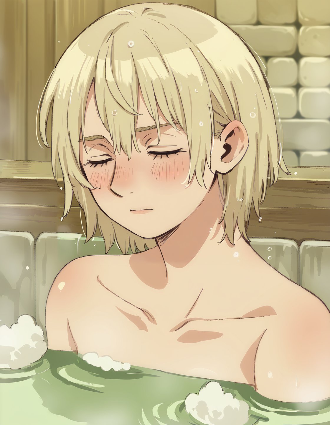 score_9, score_8_up, score_7_up, score_6_up, source anime, BREAK<lora:dungeon_meshi_collection:0.9> nilafpnxl, falin thorden, blush, short hair, blonde hair, closed eyes, nude, bathing, upper body