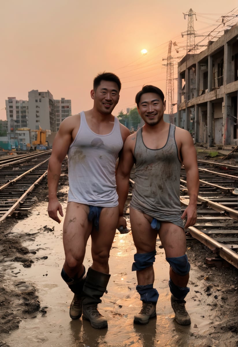 knee shot, two handsome Chinese construction workers walking towards viewer while holding beer bottle, hand on shoulder, welcoming smile, 35 y.o., brutish yet attractive face, facial hair, beefy, (mesh tank top), (bulging pecs:1.2), puffy nipples, pubic hair, (bulging crotch), thighs, (sweating:1.2), soft lighting, messy constuction site, reinforcement bars, abandoned buildings, muddy, equipment, tools, sunset, bokeh, erotic, atmospheric, bara, brutalism,