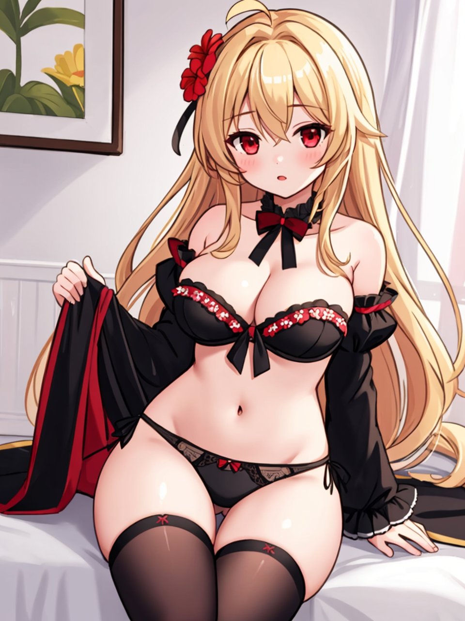 (masterpiece, best quality), 1girl, solo, long hair, blonde hair, large breasts, hair flower, red eyes, thighhighs, navel, cleavage, black bra, strapless, tied up front, black panties, ahoge, detached sleeves