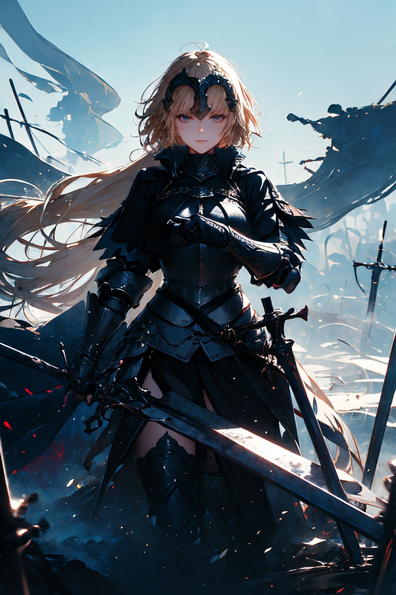 a stunning art,abstract,flowery,predominantly white,dynamic pose,centered,key visual,intricate,highly detailed,breathtaking beauty,precise lineart,vibrant,comprehensive,cinematic,xuer Jeanne D Arc,<lora:绪儿-黑贞德 xuer Jeanne D Arc:0.8>,