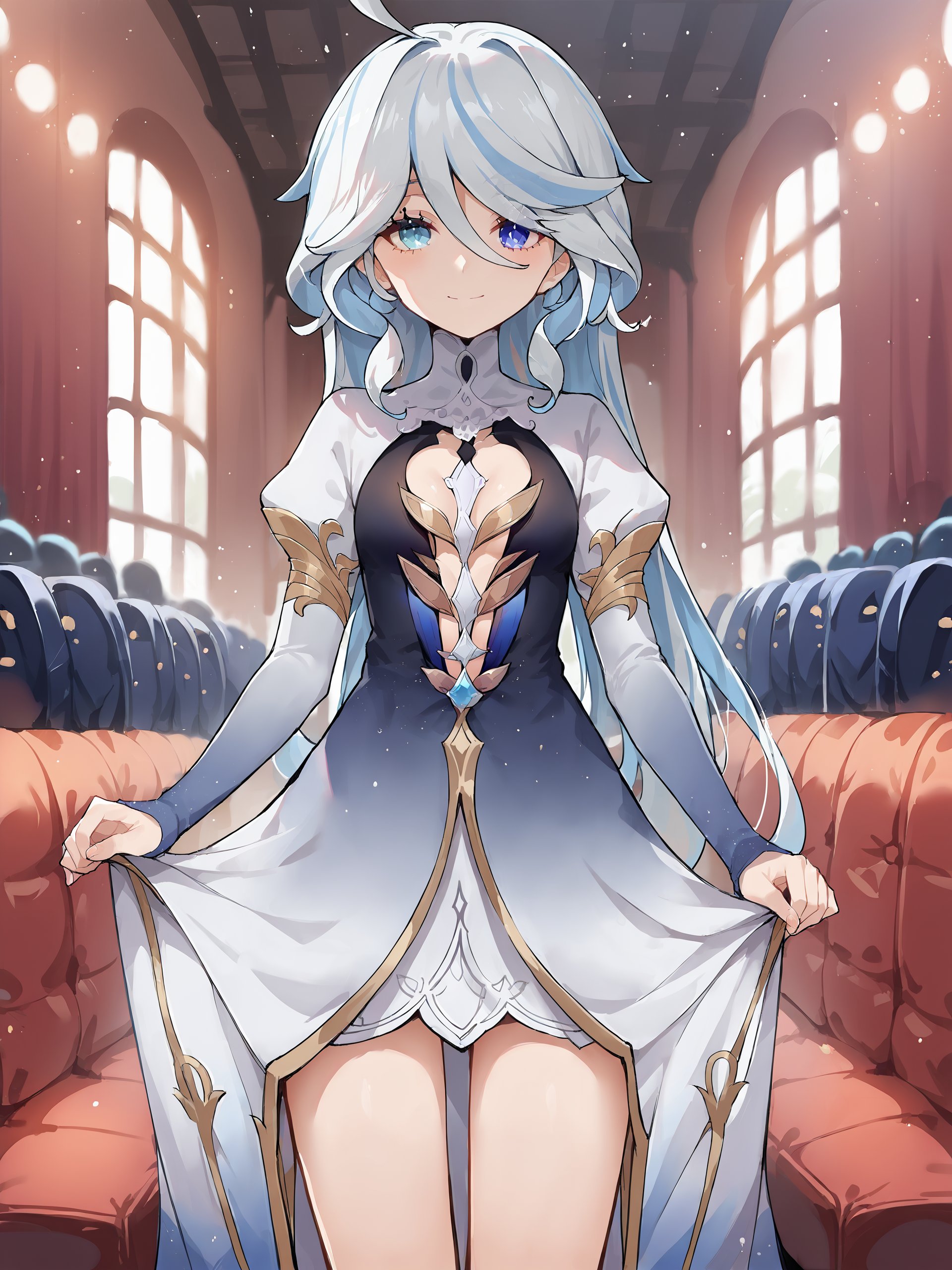 score_9, score_8_up, score_7_up, source_anime, 1girl, focalors \(genshin impact\), heterochromia, evening gown, long dress, juliet sleeves, bridal gauntlets, skirt hold, curtsey, looking at viewer, light smile, cowboy shot, theater, depth of field, indoors  <lora:Char-Genshin-Furina-Pony-V1:1>  <lora:merrytail_pony_v1:0.4> <lora:IshikePony:0.4>