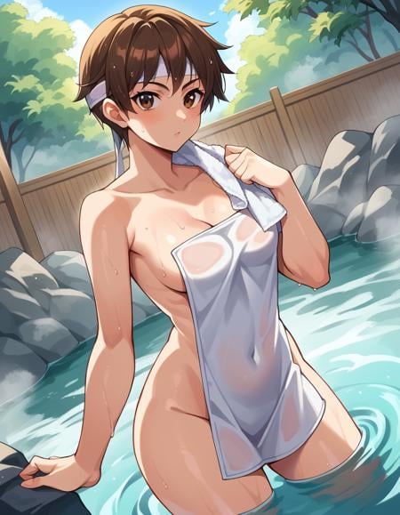 score_9, score_8_up, score_7_up, source_anime,sakurakasugano, <lora:sakura-kasugano-ponyxl-lora-nochekaiser:1>,sakura kasugano, brown eyes, brown hair, short hair,nude, naked, outdoors, onsen, towel, naked towel, steam, bathing, nude cover, partially submerged, water, bath, steam censor, wet towel,looking at viewer, dutch angle, cowboy shot,