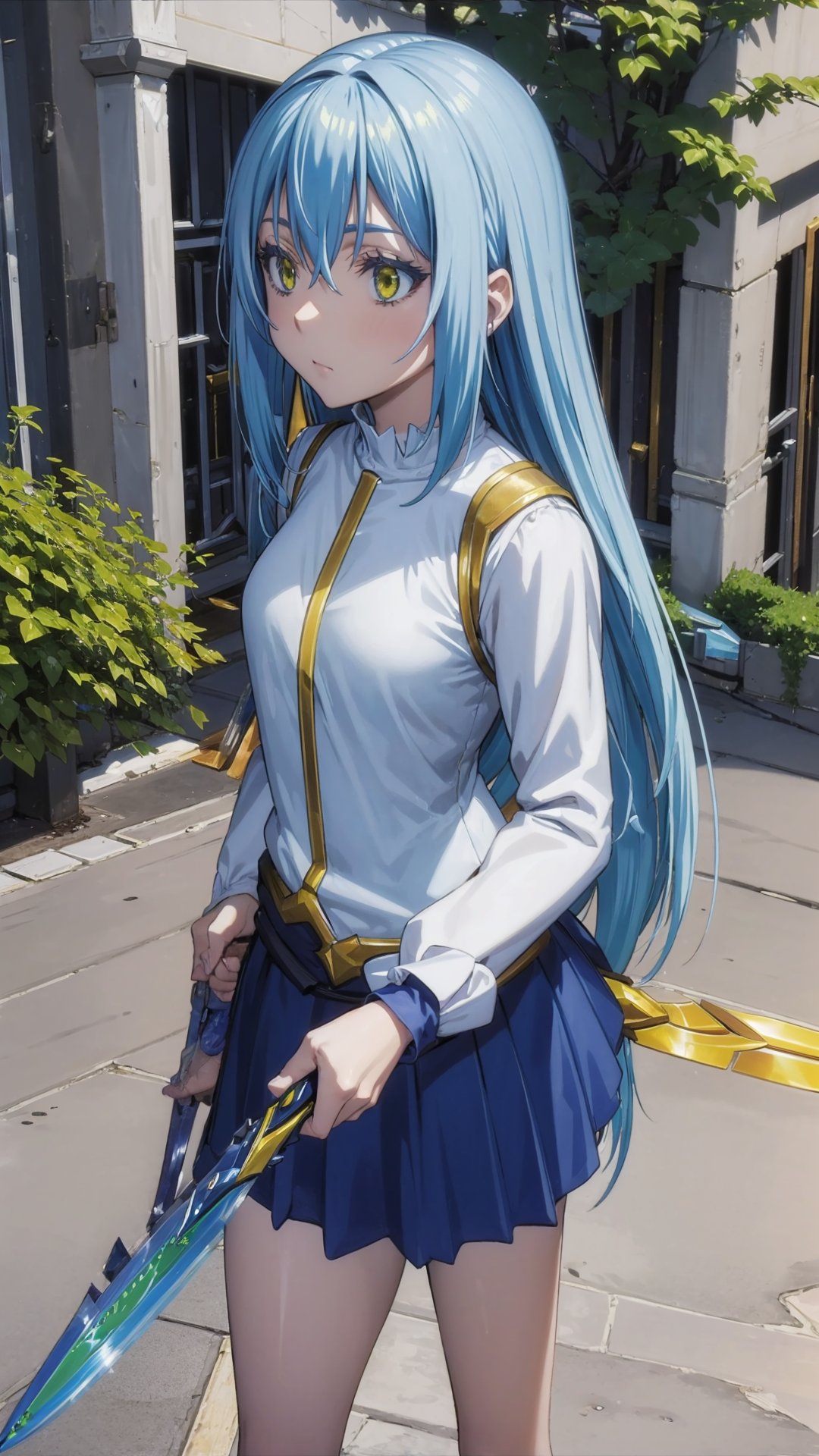 (masterpiece, best quality),ray tracing,absurdres, HDR, 1girl ,rimuru tempest, coleus, light blue hair,  yellow eyes,hair between eyes,,long hair,breasts,skirt, long sleeves,wucaitianjing, weapon, sword, , holding holding weapon, fantasy,outdoors,<lora:rimuru coleus_v3:0.7> <lora:wucaitianjing_v2:0.8> 