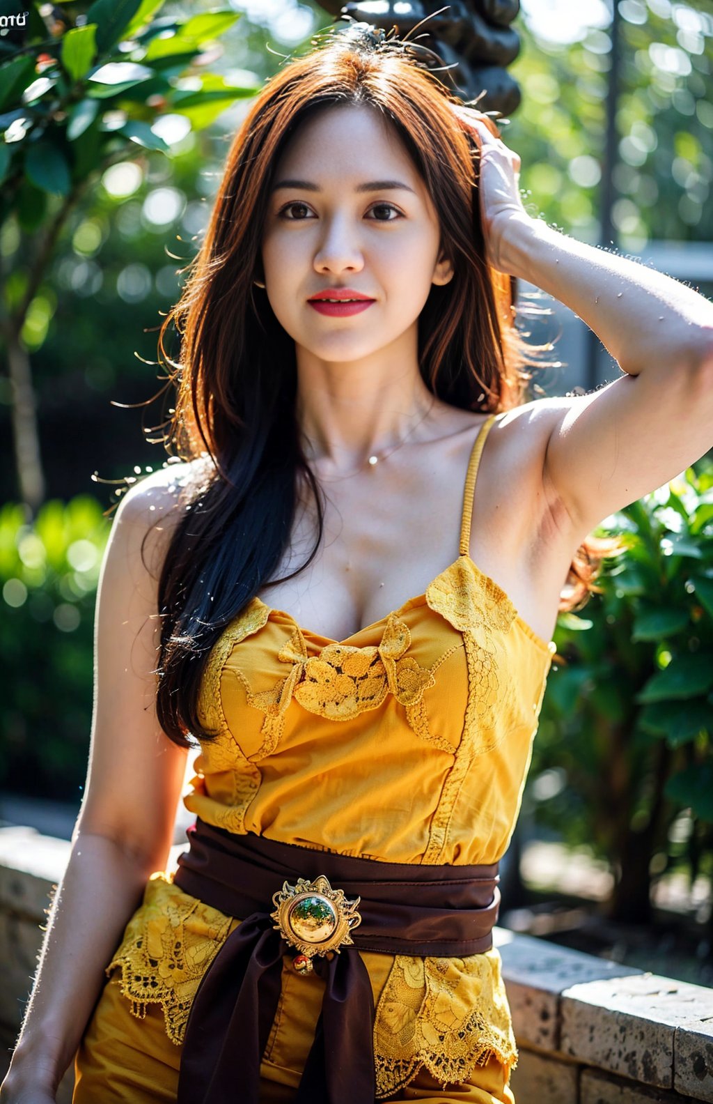 1girl, a young asian woman with,busty,dynamic pose,sexy smile,eye glas,armpit,hourglass body,sexy body,eye on camera, standing <lora:kebaya2:0.7>,kebaya bali,red kebaya,add detail,indonesian,long hair,asian idol face,masterpiece, ultra realistic,32k,intricate details, sharp focus, realistic, closed mouth, full body, realistic, looking_at_viewer, irene1, wet skin, shiny skin,arm up pose, armpit,asian idol face,goddes face,cowboy shot