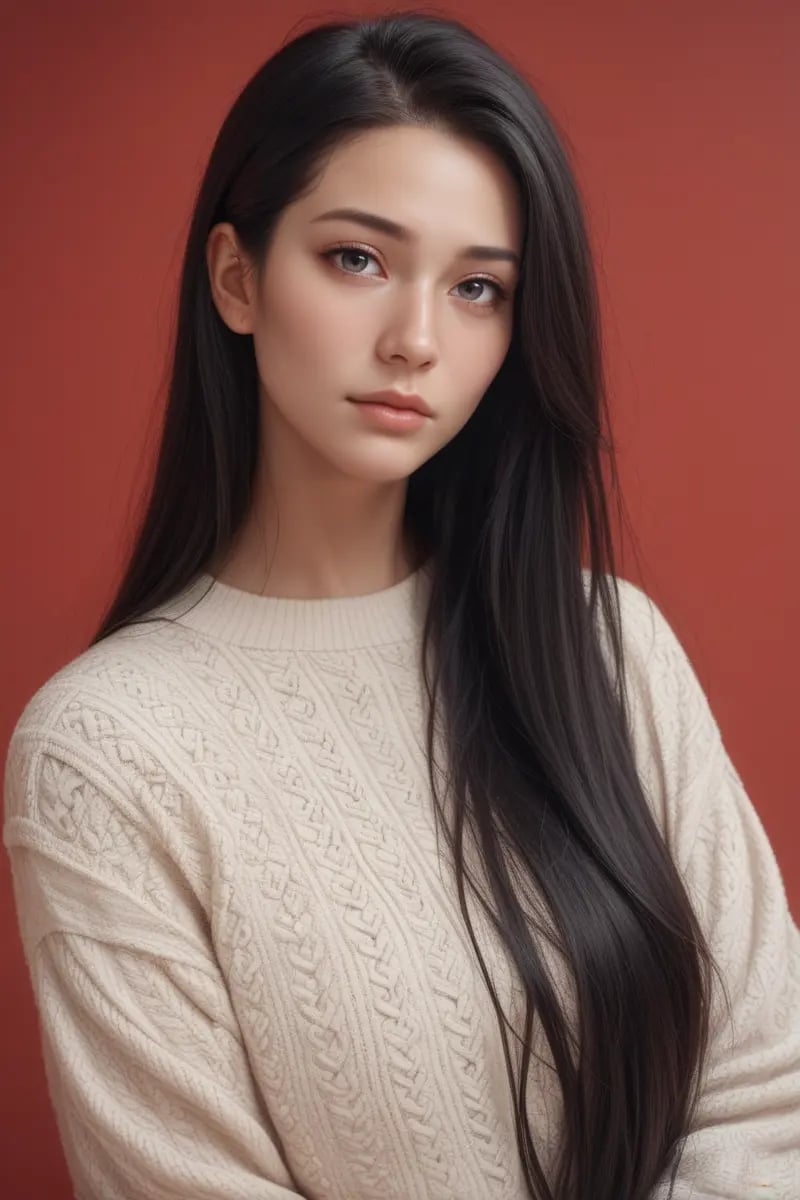 ,score_9,score_8_up,score_7_up, 20 years old, 8k, hd, beautiful girl, black hair, very long hair, straight hair, closed mouth,1girl, detailed face, beautiful woman's face, sweater, red background, looking at viewer,