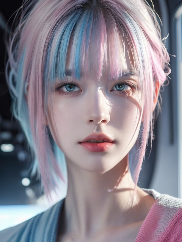 watercolor painting,<(masterpiece, realistic:1.3), (extremely intricate:1.2)>,portrait of a girl,sliver gradient hair,(sliver hair:1.1),(light blue hair:1.1),(pink hair:1.2),medium_shot,solo,long hair,Science fiction style,futurism,space exploration,mechanical elements,interplay of light and shadow,cool tones,futuristic technology,a sense of otherness,mysterious atmosphere,visual impact,artistic innovation,thought-provoking,Best quality,masterpiece,ultra high res,(photorealistic:1.4),