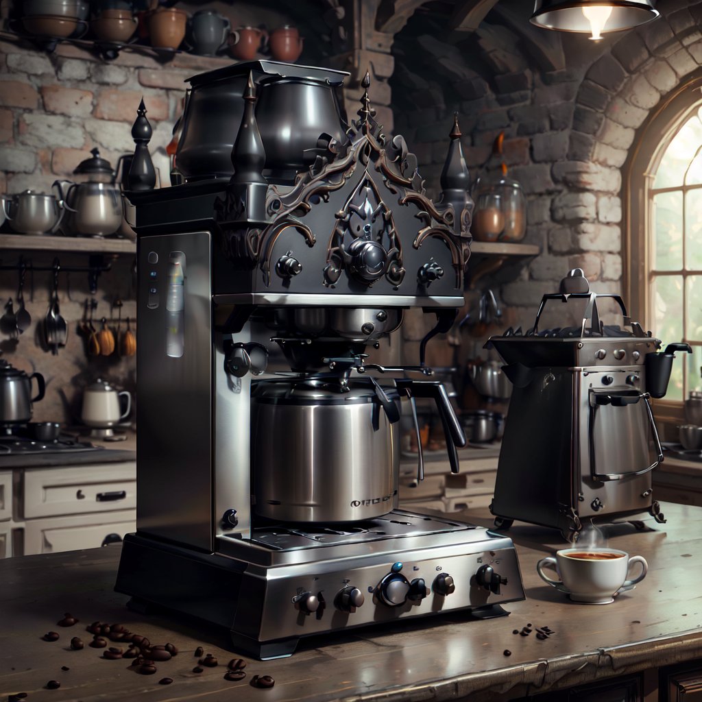 <lora:GothicHorrorAI:.8>, GothicHorrorAI coffee maker , concept art 