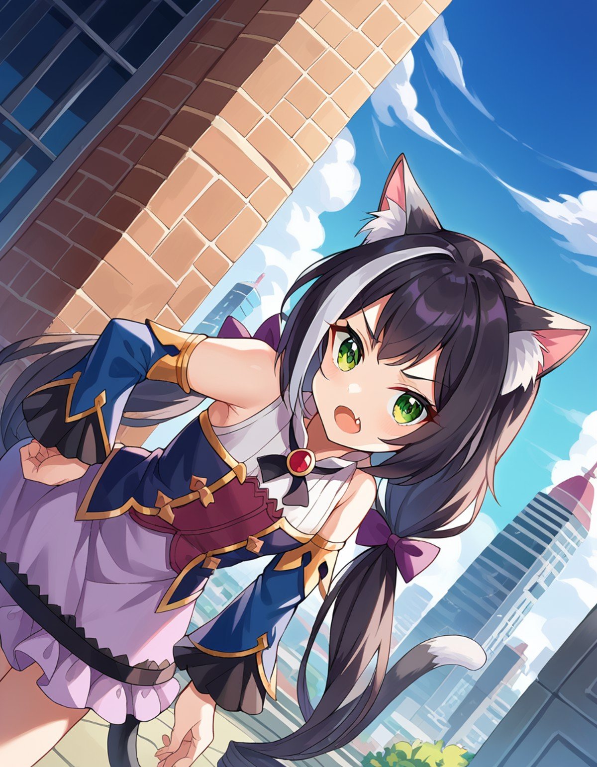 score_9, score_8_up, score_7_up, source_anime,princessconnectkaryl, <lora:princess-connect-karyl-ponyxl-lora-nochekaiser:1>karyl, animal ear fluff, animal ears, black hair, black ribbon, cat ears, cat girl, cat tail, fang, green eyes, hair bow, long hair, low twintails, multicolored hair, purple bow, ribbon, skin fang, streaked hair, tail, twintails, vertical stripes, white hair,arm support, blue sleeves, bow, brooch, detached sleeves, dress, frilled sleeves, frills, multicolored clothes, multicolored dress, neck ribbon, sleeveless, sleeveless dress, striped,outdoors, cityscape, bent over,looking at viewer, dutch angle, cowboy shot