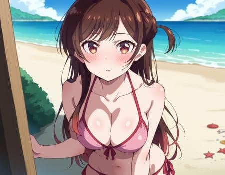 score_9, score_8_up, score_7_up, source_anime,chizuruichinose, <lora:chizuru-ichinose-s1-ponyxl-lora-nochekaiser:1>,chizuru ichinose, long hair, bangs, brown hair, brown eyes, one side up,navel, cleavage, collarbone, swimsuit, bikini, side-tie bikini bottom, pink bikini,outdoors, beach, on side, blush, drunk,looking at viewer, cowboy shot, solo, dutch angle,