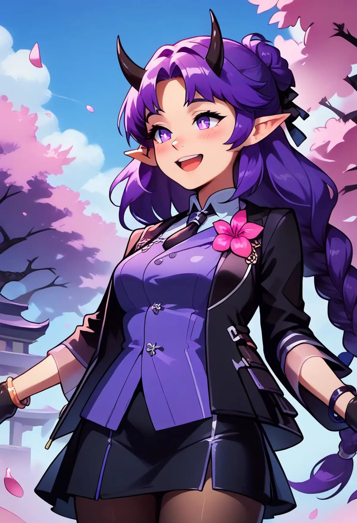 score_9, score_8_up, score_7_up, pretty girl, vivid bright colors, patHibiscus, long hair, purple hair, braid, pointy ears, horns, black necktie, purple shirt, black jacket, open clothes, pink flower, long sleeves, bracelet, black gloves, half gloves, black skirt, black pantyhose, smile, blush, outstretched arms, cherry blossoms, outdoors, petals, standing, cowboy shot, smile, open mouth,,